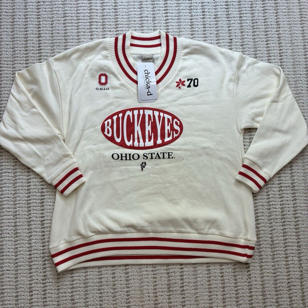 NWT Chicka-D Ohio State Buckeyes Women’s V-Neck Fleece Sweatshirt Cream S NCAA